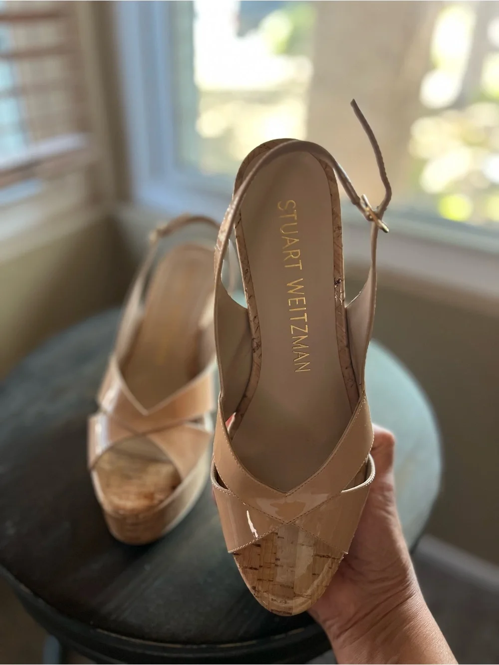 Stuart Weitzman Nude Patent Cork Wedge Sandals - Picture 5 of 8